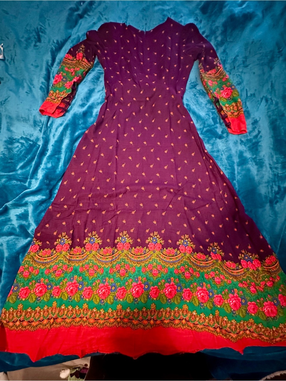 Vintage 60 70s Floral Border Purple Maxi Dress Rose border strappy sleeve detail